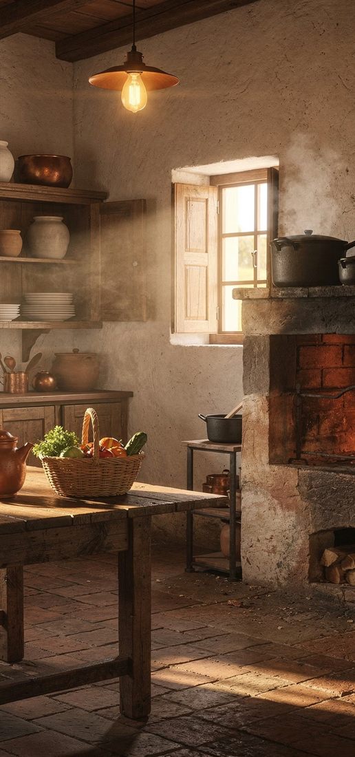 Cozinha antiga de fogão a lenha, com panelas de ferro sobre a chapa