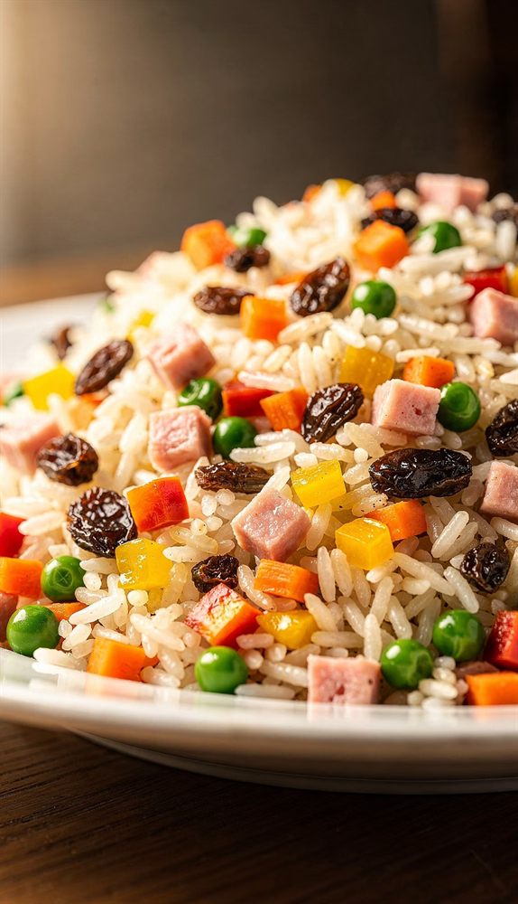 Arroz colorido com legumes e carnes
