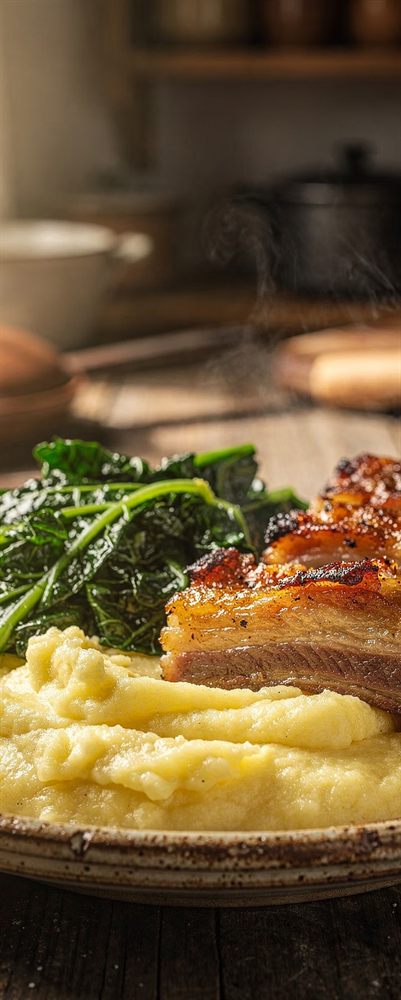 Costelinha assada com polenta cremosa