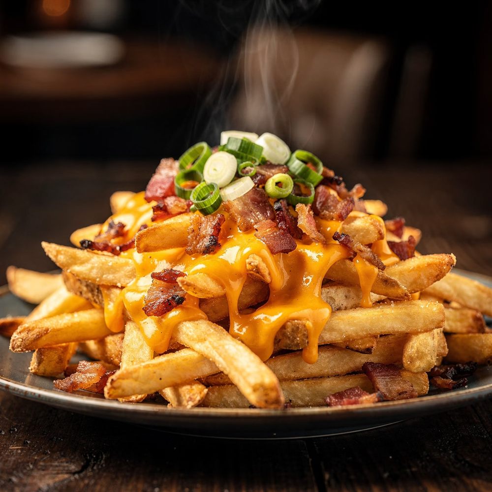 Batata frita rústica com bacon e queijo derretido